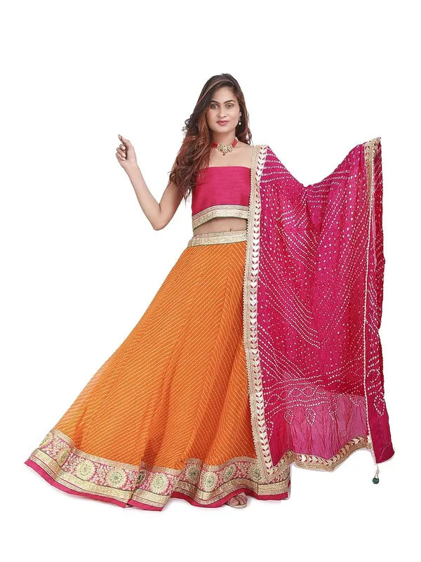 Dupion_Silk_Readymade_Lehenga_Choli_Lehanga_Lahriya_Nd_Dupptta_Bhandhej_Top_For_Women