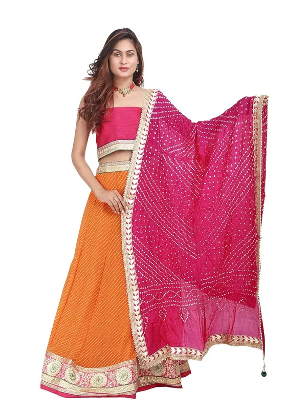 Dupion_Silk_Readymade_Lehenga_Choli_Lehanga_Lahriya_Nd_Dupptta_Bhandhej_Top_For_Women