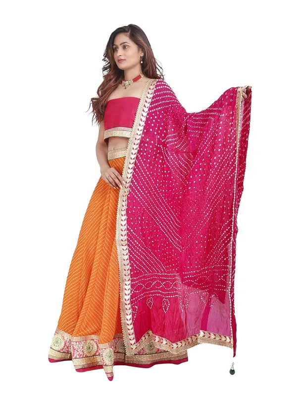 Dupion_Silk_Readymade_Lehenga_Choli_Lehanga_Lahriya_Nd_Dupptta_Bhandhej_Top_For_Women