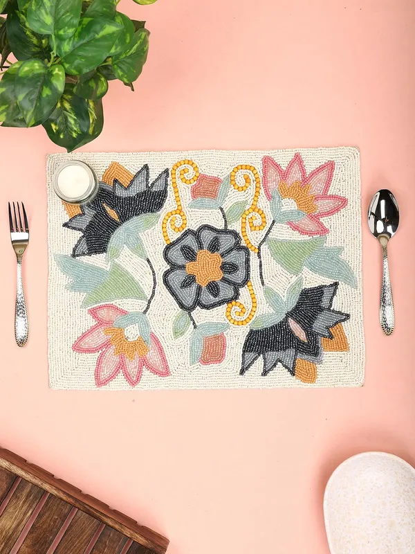 Firozi_Poleyster_Placemats,_Beaded_Design,14_Inch_Gulmohar_Floral_Pattern,_Best_For_Bed-Side_Table/Center_Table,_Dining_Table/Shelves_Pack_Of_2