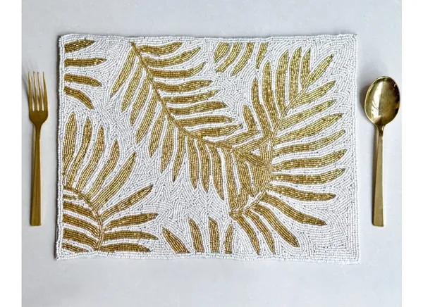 Firozi_Poleyster_Placemats,_Beaded_Design,14_Inch_White_Gloden_Leaf_Best_For_Bed-Side_Table/Center_Table,_Dining_Table/Shelves