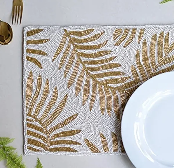 Firozi_Poleyster_Placemats,_Beaded_Design,14_Inch_White_Gloden_Leaf_Best_For_Bed-Side_Table/Center_Table,_Dining_Table/Shelves