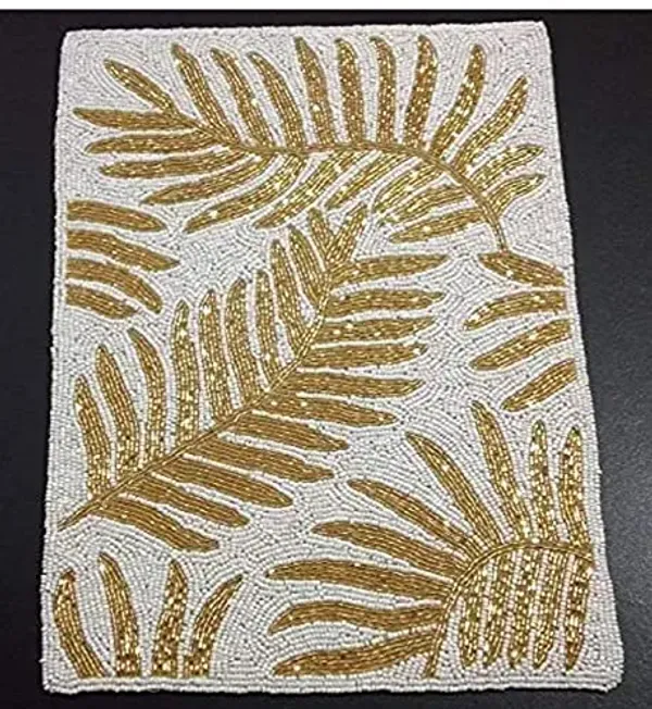 Firozi_Poleyster_Placemats,_Beaded_Design,14_Inch_White_Gloden_Leaf_Best_For_Bed-Side_Table/Center_Table,_Dining_Table/Shelves