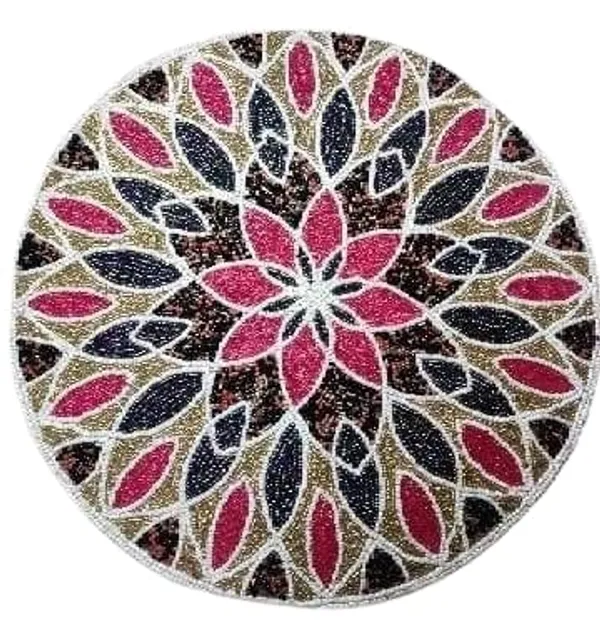 Firozi_Poleyster_Placemats,_Beaded_Design,14_Inch_Pink_Multicolor_Round_Pattern,_Best_For_Bed-Side_Table/Center_Table,_Dining_Table/Shelves