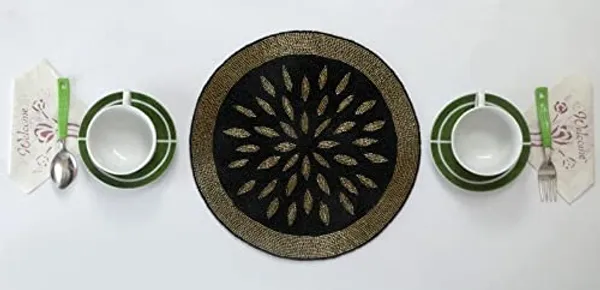 Turquoise_Beaded_Dining_Table_Dinning_Blue_Golden_Paecock_Feather_Round_Mat_14_Inches_Circle