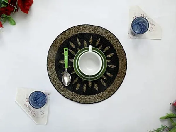 Turquoise_Beaded_Dining_Table_Dinning_Blue_Golden_Paecock_Feather_Round_Mat_14_Inches_Circle
