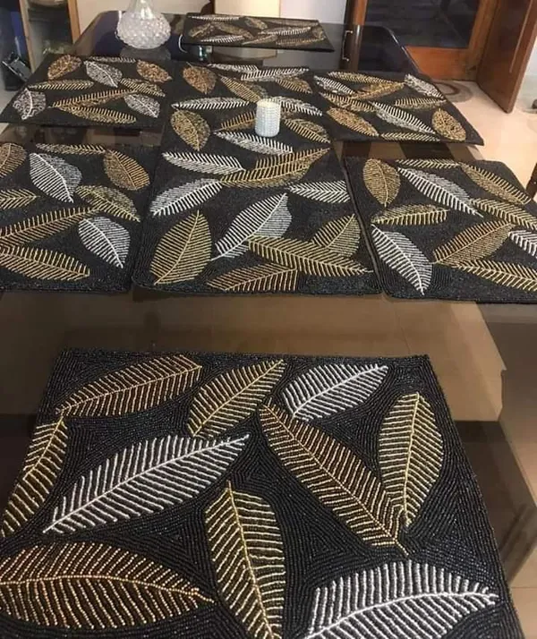Multicolor_Best_Export_Quality_Jacquard_Cotton_Dining_Table_Mats_5_Pieces_With_Runner_-(Set_Of_5_,One_Runner_Nd_4_Placemats)_(Mats-_14"_X_12"_And_Table_Runner-_36"_X_13",)_-Golden_Beige_Black