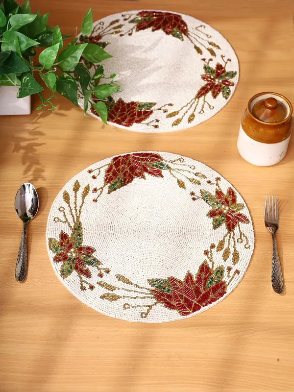 Firozi_Poleyster_Placemats,_Beaded_Design,14_Inch_Gulmohar_Floral_Pattern,_Best_For_Bed-Side_Table/Center_Table,_Dining_Table/Shelves_Pack_Of_2