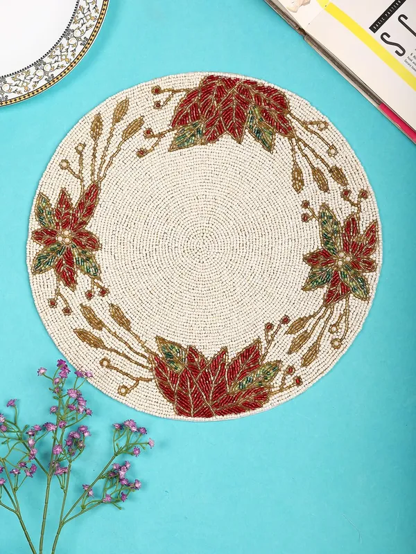 Firozi_Poleyster_Placemats,_Beaded_Design,14_Inch_Gulmohar_Floral_Pattern,_Best_For_Bed-Side_Table/Center_Table,_Dining_Table/Shelves_Pack_Of_2