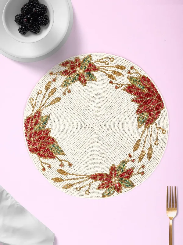 Firozi_Poleyster_Placemats,_Beaded_Design,14_Inch_Gulmohar_Floral_Pattern,_Best_For_Bed-Side_Table/Center_Table,_Dining_Table/Shelves_Pack_Of_2