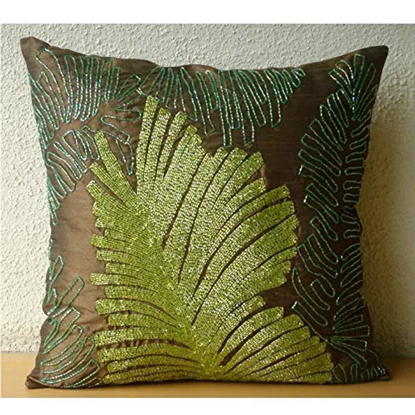 Multicolor_Beautiful_Satin_400_Tc_Printed_Cushions_&_Pillows_Case_Beaded_Green_Cutwork_Leave_(40.64_Cm*40.64_Cm)