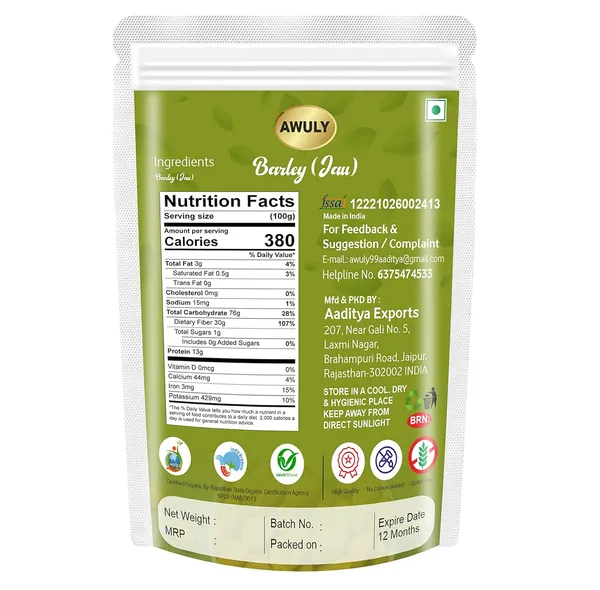 AWULY_Healthy_by_nature_Certified_Organic_Pearl_Barley,_Jau_Sabut_(Barley_Whole_Grain)|_|_With_Fibre,_Vitamins_&_Minerals|_For_Weight_Loss_&_Improves_Digestion|_Rich_in_Nutrients|_Heart_Healthy_(1000)