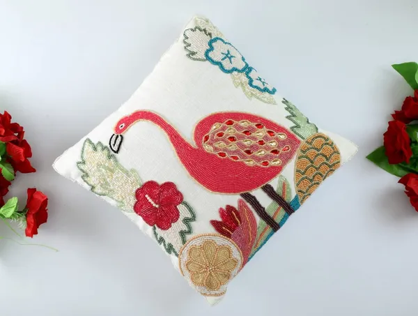 Multicolor_Printed_Cushions_&_Pillows_Case_Beaded_Green_Pink_Swan_Pattern_(40.64_Cm*40.64_Cm)