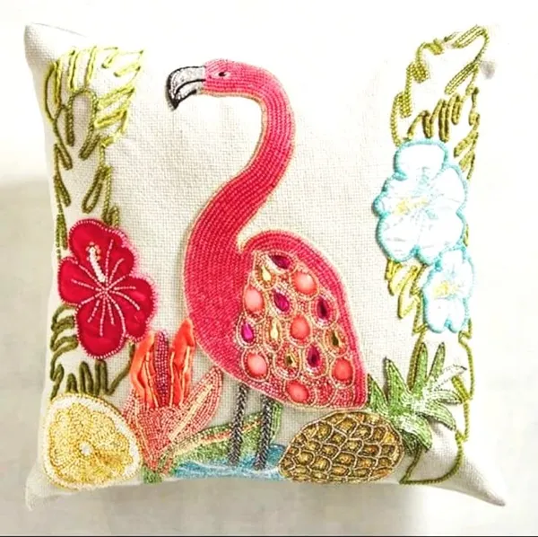 Multicolor_Printed_Cushions_&_Pillows_Case_Beaded_Green_Pink_Swan_Pattern_(40.64_Cm*40.64_Cm)