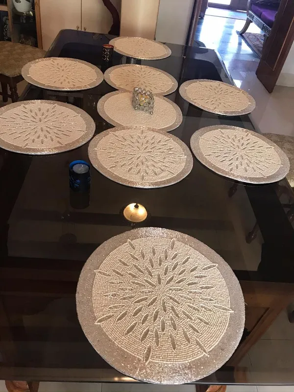 Multicolor_Best_Export_Quality_Jacquard_Cotton_Dining_Table_Mats_5_Pieces_With_Runner_-(Set_Of_5_,One_Runner_Nd_4_Placemats)_(Mats-_14"_X_12"_And_Table_Runner-_36"_X_13",)_-Golden_Beige_Circle_Pattern