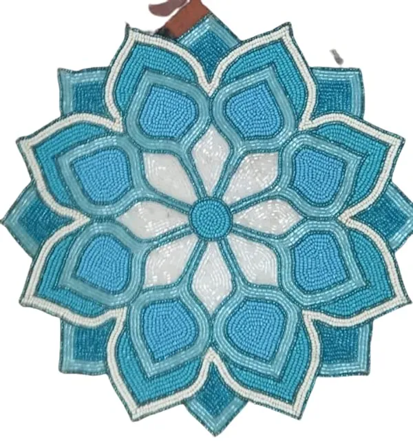 Firozi_Poleyster_Placemats,_Beaded_Design,14_Inch_Sky_Blue_Leafy_Round_Pattern,_Best_For_Bed-Side_Table/Center_Table,_Dining_Table/Shelves