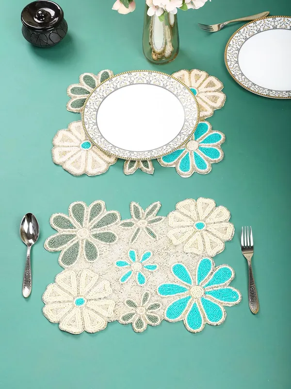 Firozi_Poleyster_Placemats,_Beaded_Design,14_Inch_Gulmohar_Floral_Pattern,_Best_For_Bed-Side_Table/Center_Table,_Dining_Table/Shelves_Pack_Of_2