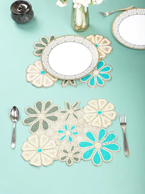 Firozi_Poleyster_Placemats,_Beaded_Design,14_Inch_Gulmohar_Floral_Pattern,_Best_For_Bed-Side_Table/Center_Table,_Dining_Table/Shelves_Pack_Of_2