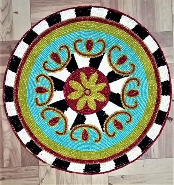 Firozi_Poleyster_Placemats,_Beaded_Design,14_Inch_Round_Rangoli_Pattern,_Best_For_Bed-Side_Table/Center_Table,_Dining_Table/Shelves