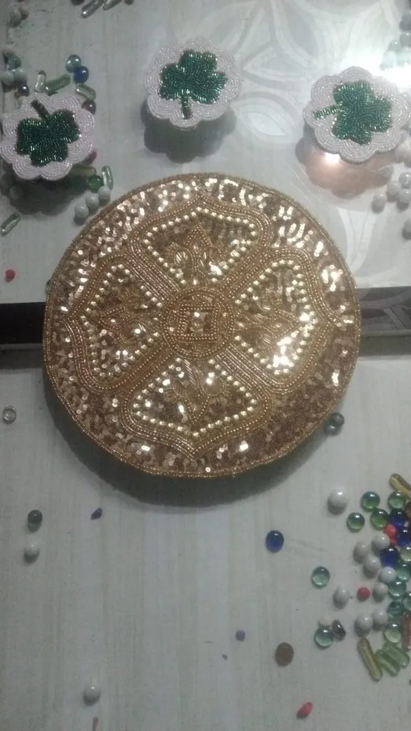 Firozi_Poleyster_Placemats,_Beaded_Design,14_Inch_Golden_Round_Pattern,_Best_For_Bed-Side_Table/Center_Table,_Dining_Table/Shelves