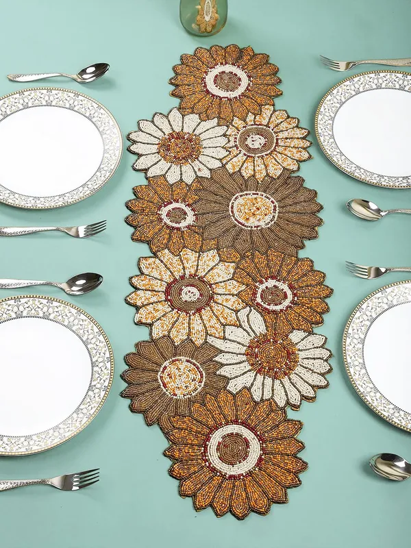 Brown_And_White_Flower_Center_Table_Runner_For_Coffee,_Dining_Table_-_14X36_Inch