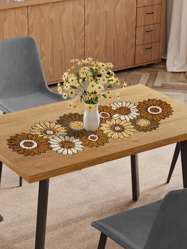 Brown_And_White_Flower_Center_Table_Runner_For_Coffee,_Dining_Table_-_14X36_Inch