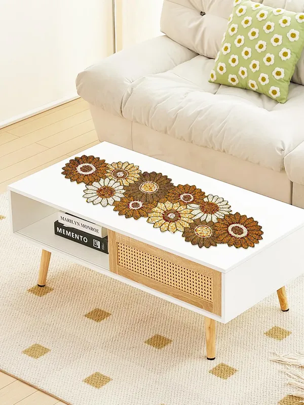 Brown_And_White_Flower_Center_Table_Runner_For_Coffee,_Dining_Table_-_14X36_Inch