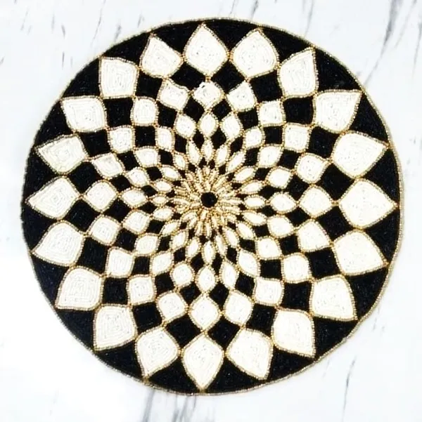 Firozi_Poleyster_Placemats,_Beaded_Design,14_Inch_Black_Nd_White_Star_Pattern,_Best_For_Bed-Side_Table/Center_Table,_Dining_Table/Shelves