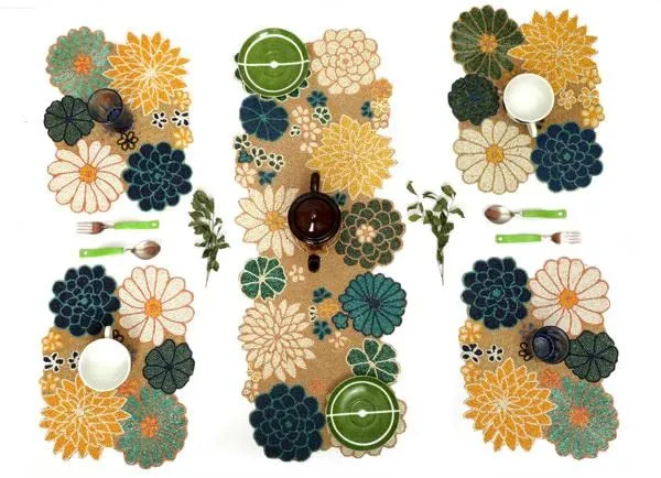 Multicolor_Best_Export_Quality_Jacquard_Cotton_Dining_Table_Mats_5_Pieces_With_Runner_-(Set_Of_5_,One_Runner_Nd_4_Placemats)_(Mats-_14"_X_12"_And_Table_Runner-_36"_X_13",)_-Multicolor_Yellow_Flower_Pattern