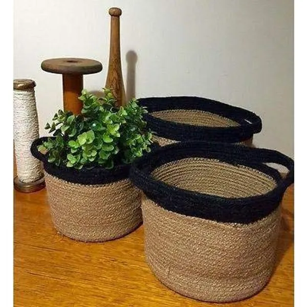 Black_Jute_Cotton_Fruit_Basket_Handcrafted_Woven_Storage_Planter_Basket_For_Home_Decor,_Multi-Purpose_Bag_With_Handle_For_Living_Room_Bathroom_Laundry_Toys_(6X6),(Black&Beige)_Set_Of_3