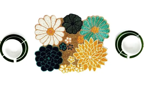 Multicolor_Poleyster_Placemats,_Beaded_Design,14_Inch_Yellow_Multicolor_Flower_Pattern,_Best_For_Bed-Side_Table/Center_Table,_Dining_Table/Shelves