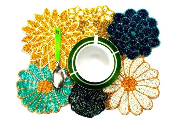 Multicolor_Poleyster_Placemats,_Beaded_Design,14_Inch_Yellow_Multicolor_Flower_Pattern,_Best_For_Bed-Side_Table/Center_Table,_Dining_Table/Shelves