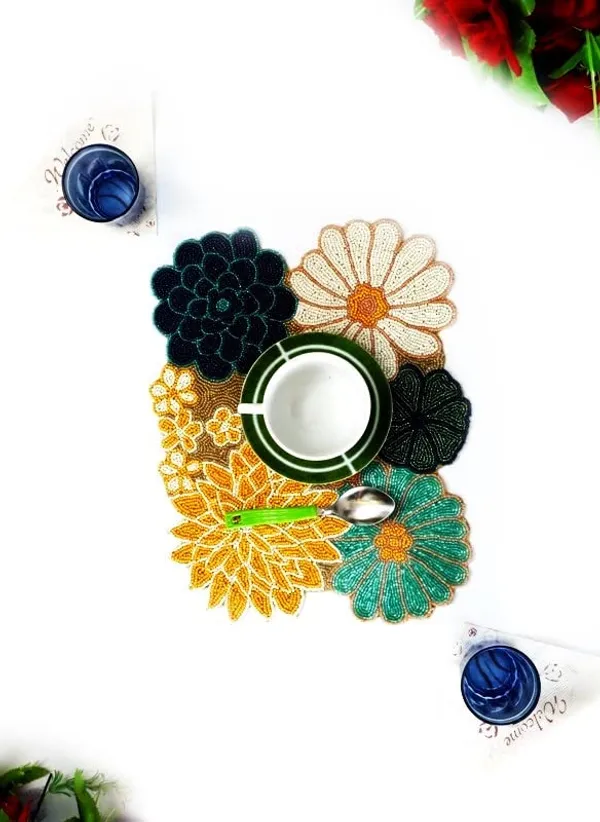 Multicolor_Poleyster_Placemats,_Beaded_Design,14_Inch_Yellow_Multicolor_Flower_Pattern,_Best_For_Bed-Side_Table/Center_Table,_Dining_Table/Shelves