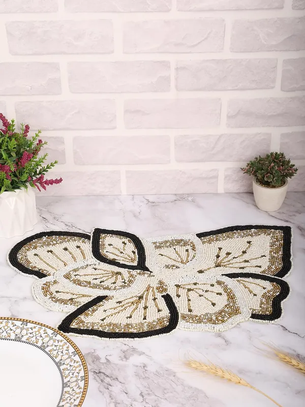 Firozi_Poleyster_Placemats,_Beaded_Design,14_Inch_Beige_Golden_Emb._Pattern,_Best_For_Bed-Side_Table/Center_Table,_Dining_Table/Shelves