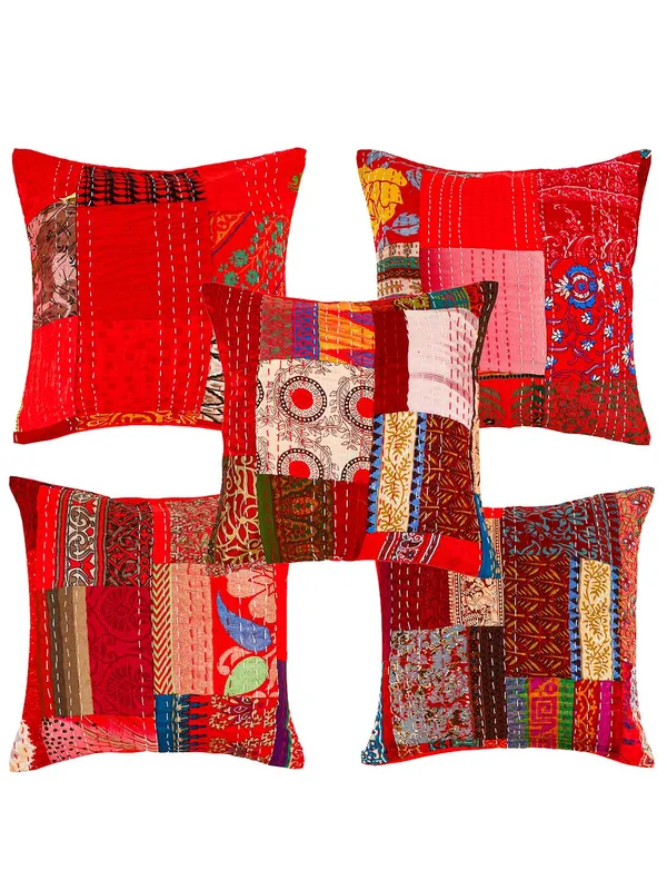 Multi_Kantha_Embroidery_Silk_Cushion_Nd_Pillow_Covers_(16_X16_Inch)_For_Sofa_Bedroom_Bedroom,_Living_Room,_Office_(Multicolor,_Red)_Pack_Of_2