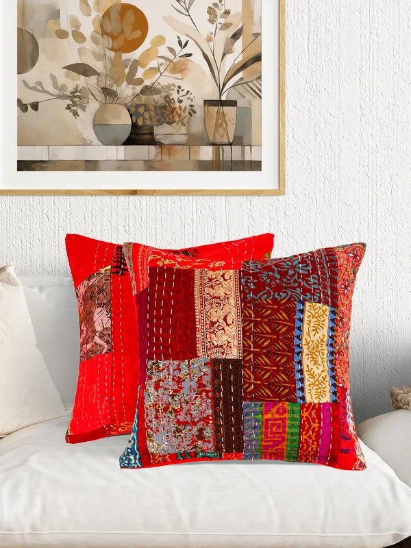 Multi_Kantha_Embroidery_Silk_Cushion_Nd_Pillow_Covers_(16_X16_Inch)_For_Sofa_Bedroom_Bedroom,_Living_Room,_Office_(Multicolor,_Red)_Pack_Of_2