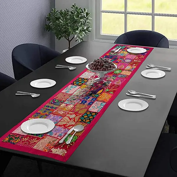 Orange_Table_Runner_For_6_Seater_Dining_Table_Cotton_Beaded_Antique_Handmade_Rajasthani_Patchwork_Embroidered,_Home_Decor_&_Eating_Areas_At_Party_And_Wedding_16_X_72_Inches_(Pink)