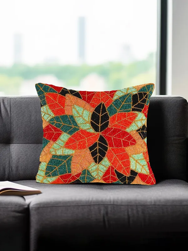Multicolor_Printed_100%_Beaded_Cushion_Covers_Cushion_Case_Pillowcases_Multi_Leaf_16X16_Inches_(40X40_Cms)_Throw_Pillow_Sham_Floral_Cushion_Covers_For_Sofa_Couch_Bed_Chair_Pack_Of_1