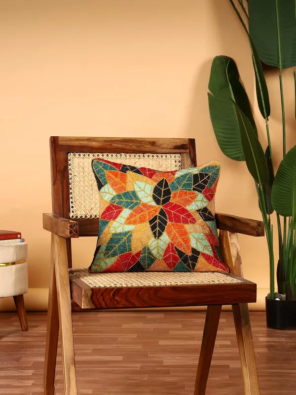 Multicolor_Printed_100%_Beaded_Cushion_Covers_Cushion_Case_Pillowcases_Multi_Leaf_16X16_Inches_(40X40_Cms)_Throw_Pillow_Sham_Floral_Cushion_Covers_For_Sofa_Couch_Bed_Chair_Pack_Of_1
