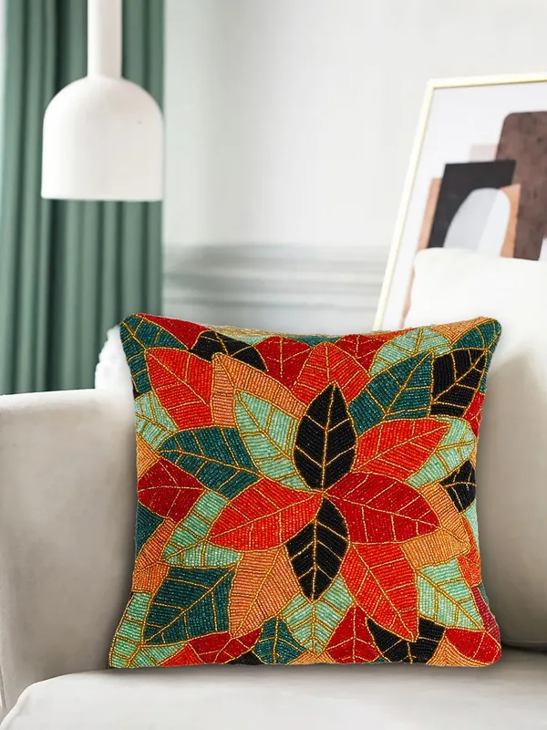 Multicolor_Printed_100%_Beaded_Cushion_Covers_Cushion_Case_Pillowcases_Multi_Leaf_16X16_Inches_(40X40_Cms)_Throw_Pillow_Sham_Floral_Cushion_Covers_For_Sofa_Couch_Bed_Chair_Pack_Of_1