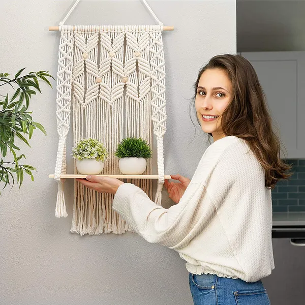 Multicolor_Indoor_Wall_Hanging_Shelf_&_Macrame_Plant_Holder_Decorative_Boho_Rope_Plant_Pot_Holder_For_Wall