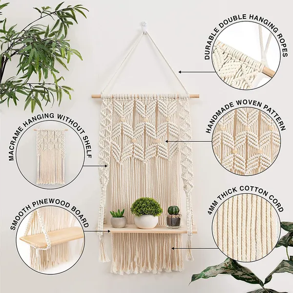Multicolor_Indoor_Wall_Hanging_Shelf_&_Macrame_Plant_Holder_Decorative_Boho_Rope_Plant_Pot_Holder_For_Wall