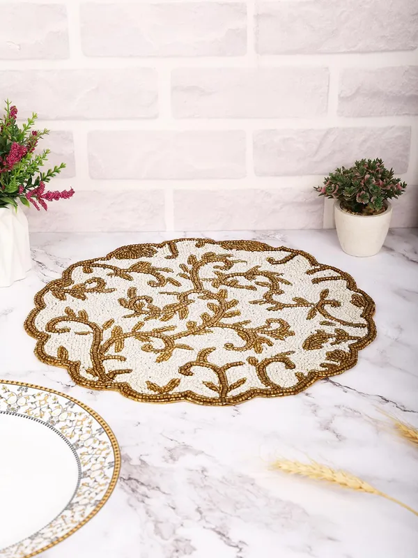 Firozi_Poleyster_Placemats,_Beaded_Design,14_Inch_Gulmohar_Floral_Pattern,_Best_For_Bed-Side_Table/Center_Table,_Dining_Table/Shelves_Pack_Of_2
