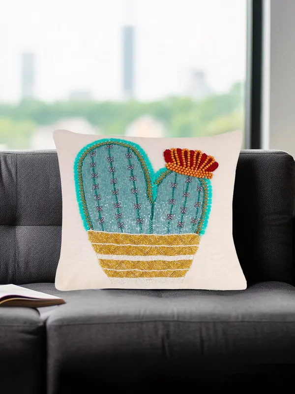 Multicolor_Printed_100%_Beaded_Cushion_Covers_Cushion_Case_Pillowcases_16X16_Inches_Cactus_Pattern(40X40_Cms)_Throw_Pillow_Sham_Floral_Cushion_Covers_For_Sofa_Couch_Bed_Chair_Pack_Of_1