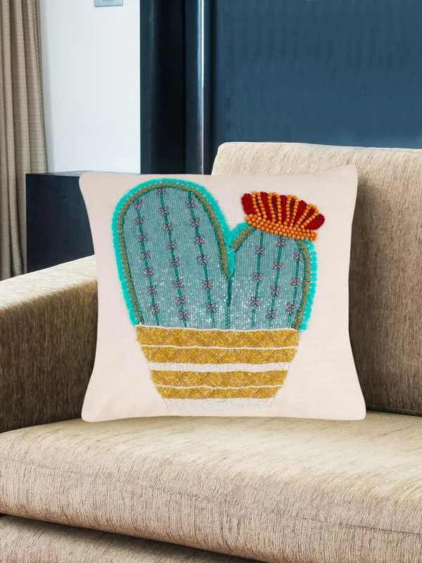 Multicolor_Printed_100%_Beaded_Cushion_Covers_Cushion_Case_Pillowcases_16X16_Inches_Cactus_Pattern(40X40_Cms)_Throw_Pillow_Sham_Floral_Cushion_Covers_For_Sofa_Couch_Bed_Chair_Pack_Of_1