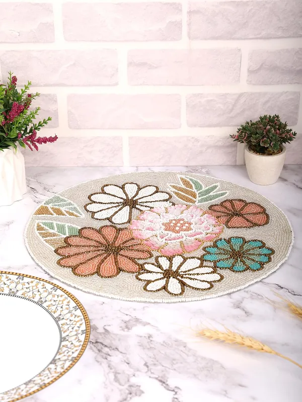 Firozi_Poleyster_Placemats,_Beaded_Design,14_Inch_Gulmohar_Floral_Pattern,_Best_For_Bed-Side_Table/Center_Table,_Dining_Table/Shelves_Pack_Of_2