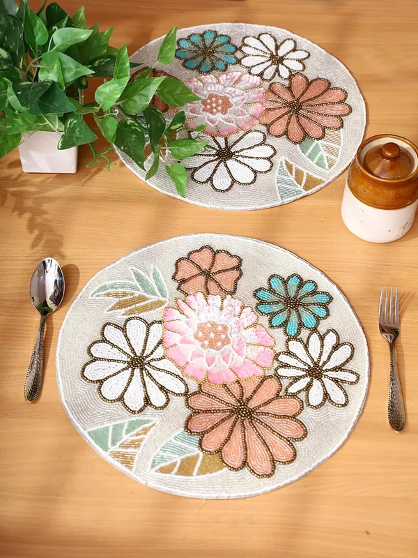 Firozi_Poleyster_Placemats,_Beaded_Design,14_Inch_Gulmohar_Floral_Pattern,_Best_For_Bed-Side_Table/Center_Table,_Dining_Table/Shelves_Pack_Of_2