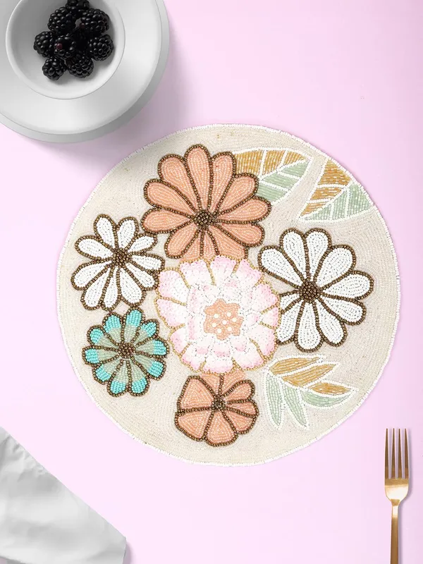 Firozi_Poleyster_Placemats,_Beaded_Design,14_Inch_Gulmohar_Floral_Pattern,_Best_For_Bed-Side_Table/Center_Table,_Dining_Table/Shelves_Pack_Of_2