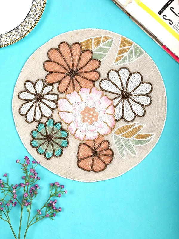 Firozi_Poleyster_Placemats,_Beaded_Design,14_Inch_Gulmohar_Floral_Pattern,_Best_For_Bed-Side_Table/Center_Table,_Dining_Table/Shelves_Pack_Of_2