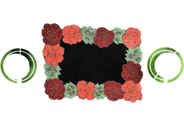 Firozi_Poleyster_Placemats,_Beaded_Design,14_Inch_Rose_Border_Black_Base_Pattern,_Best_For_Bed-Side_Table/Center_Table,_Dining_Table/Shelves